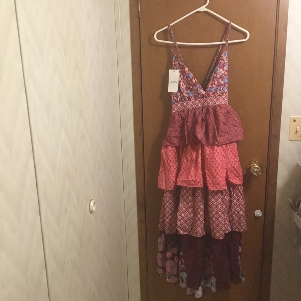 Floral Burgundy Crossback Strap Plunge Tier Ruffle Layer Vintage Maxi Dress L - Picture 12 of 16